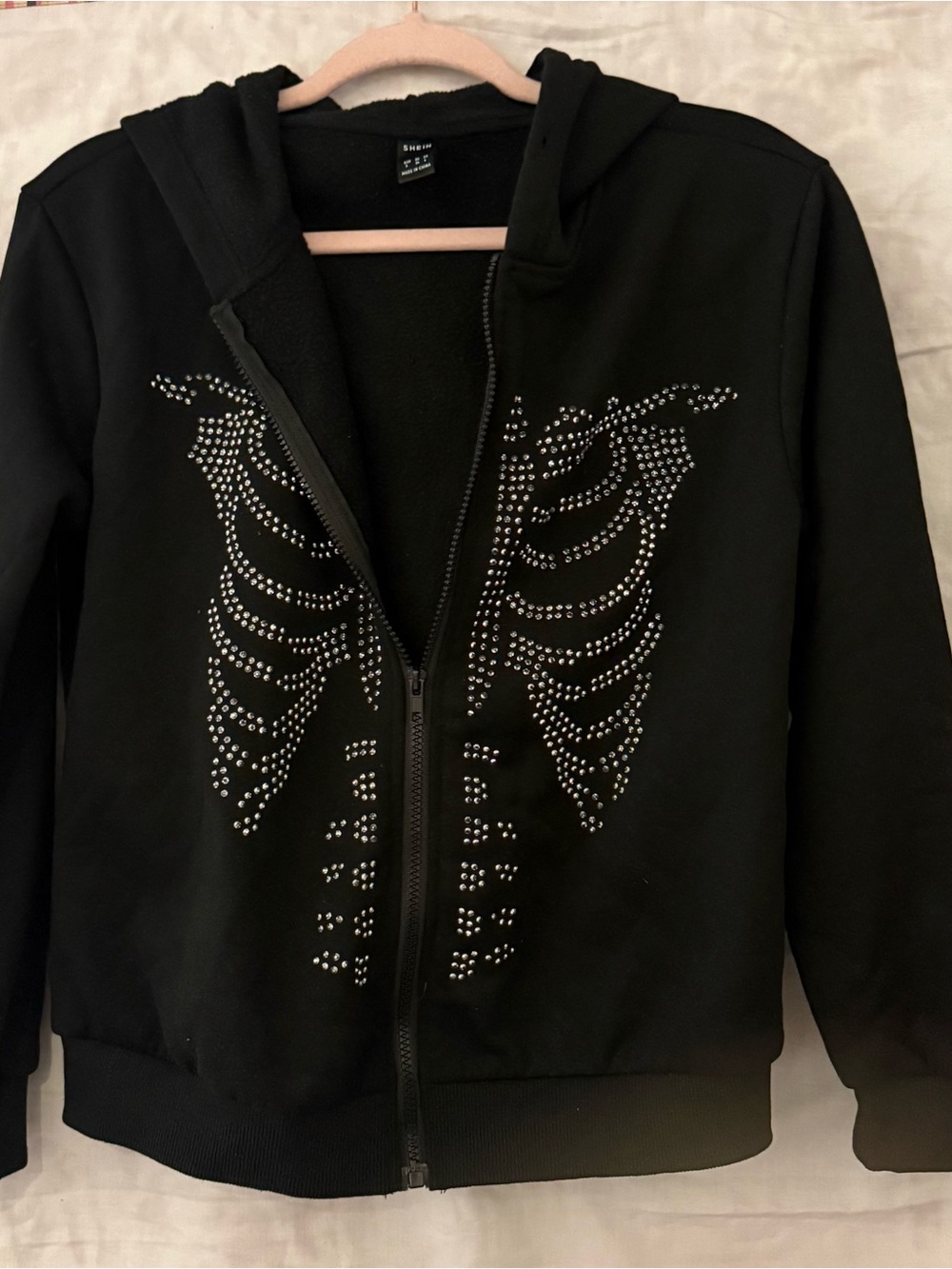 SHEIN Black Rhinestone Skeleton Zip Hoodie Size Small